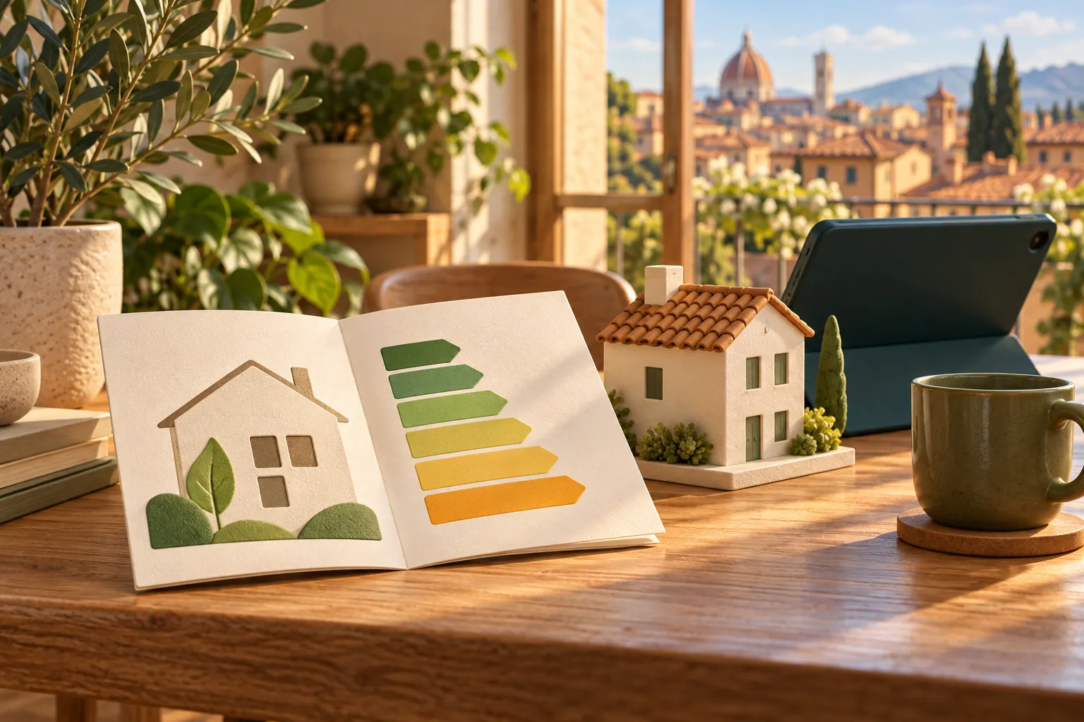 Illustrazione di un tablet e di documenti dedicati all’energia della casa.